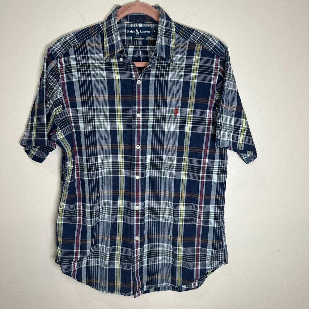 Polo Ralph Lauren Plaid Flannel Shirt Size Medium Blue Green Logo